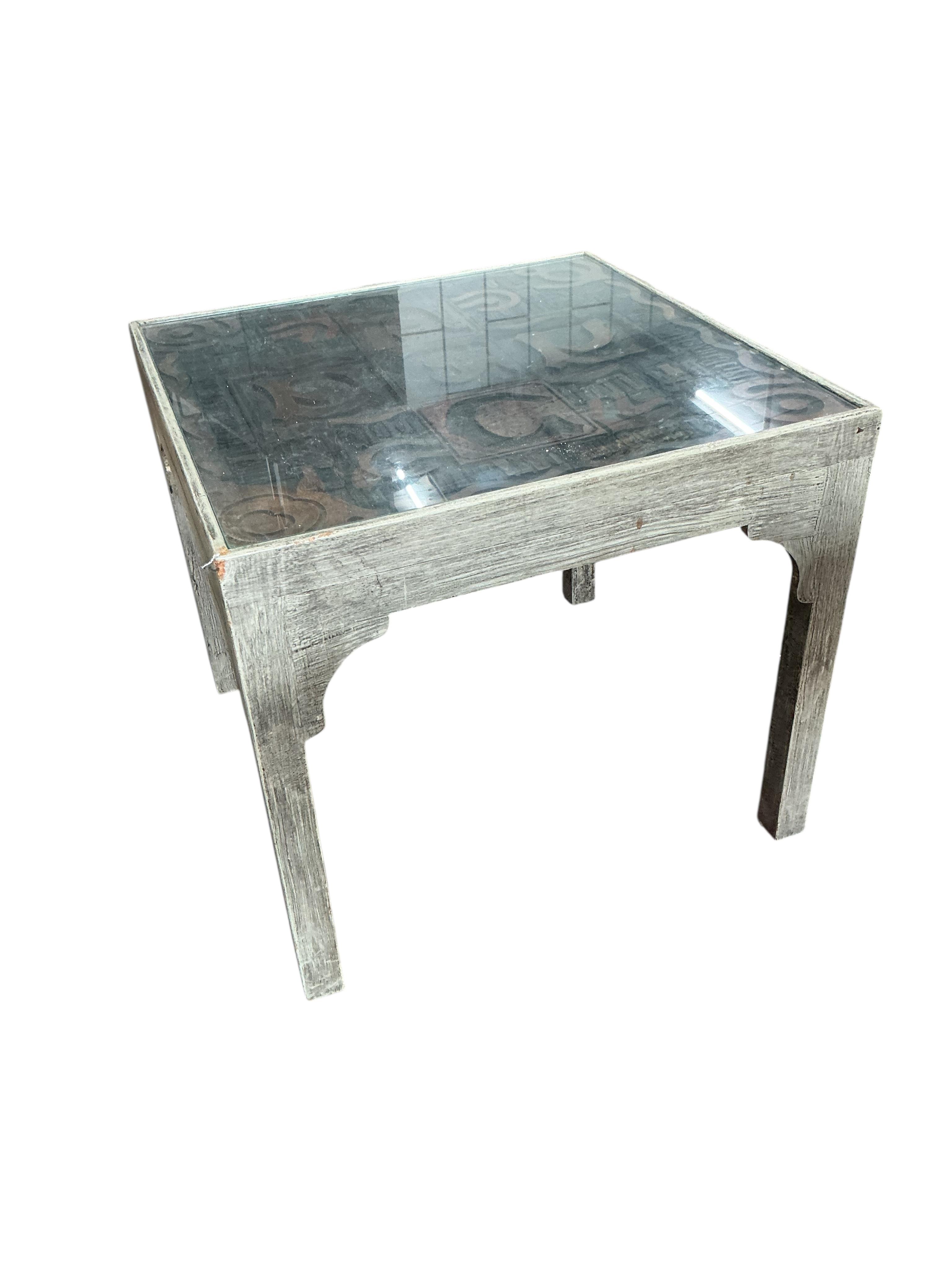 A pair of grey painted printing block inset lamp tables, one with backgammon board, width 47cm, depth 47cm, height 42cm
